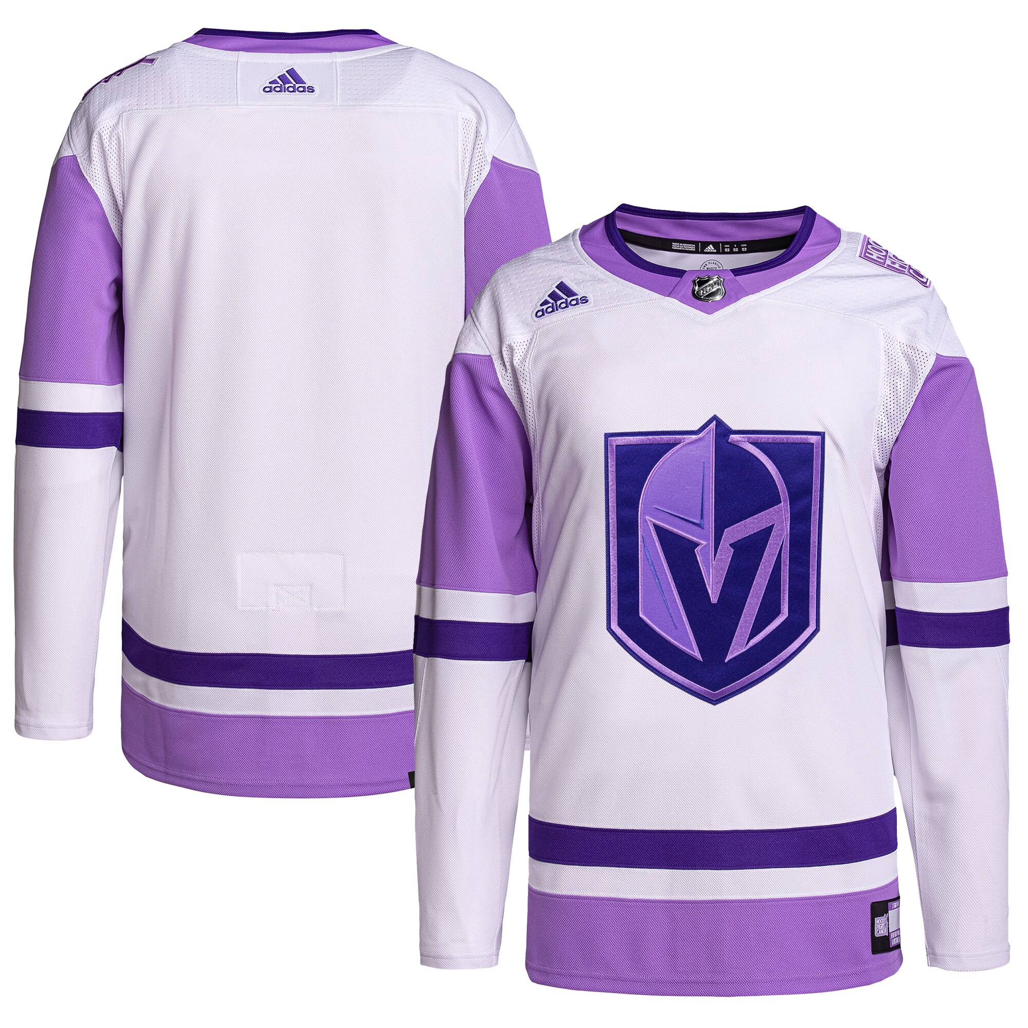 Men's Vegas Golden Knights adidas White/Purple Hockey Fights Cancer Primegreen Authentic Blank Practice Jersey