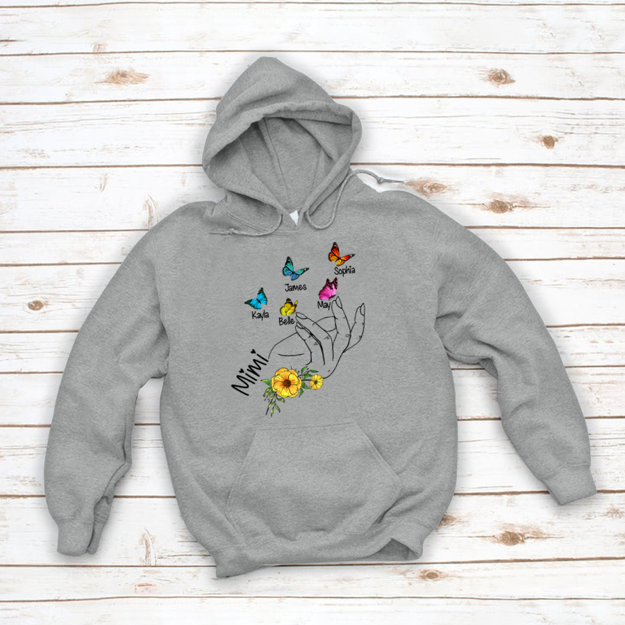 Mimi And Grandkids Flower Hands Butterfly Hoodie