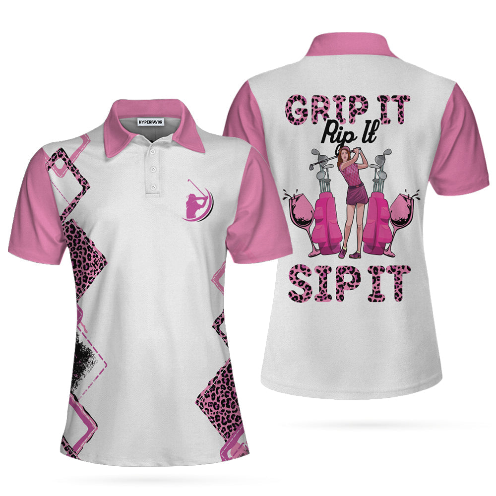 Grip It Rip It Sip It Short Sleeve Women Polo Shirt, Pink Leopard Pattern Golf Shirt For Ladies Coolspod