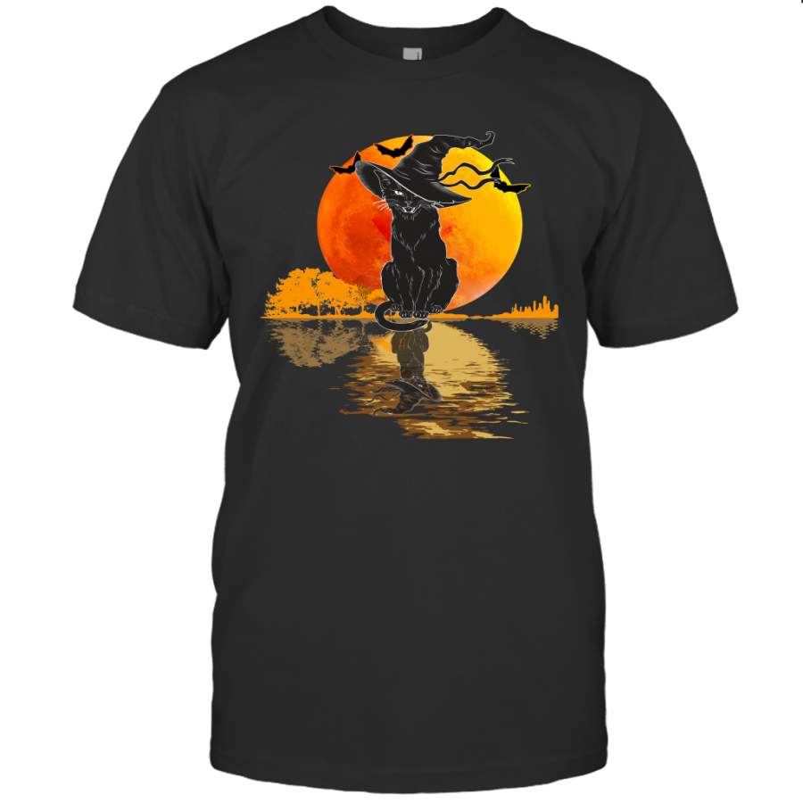 Vintage Halloween Scary Black Cat Witch Hat Moon Shirt