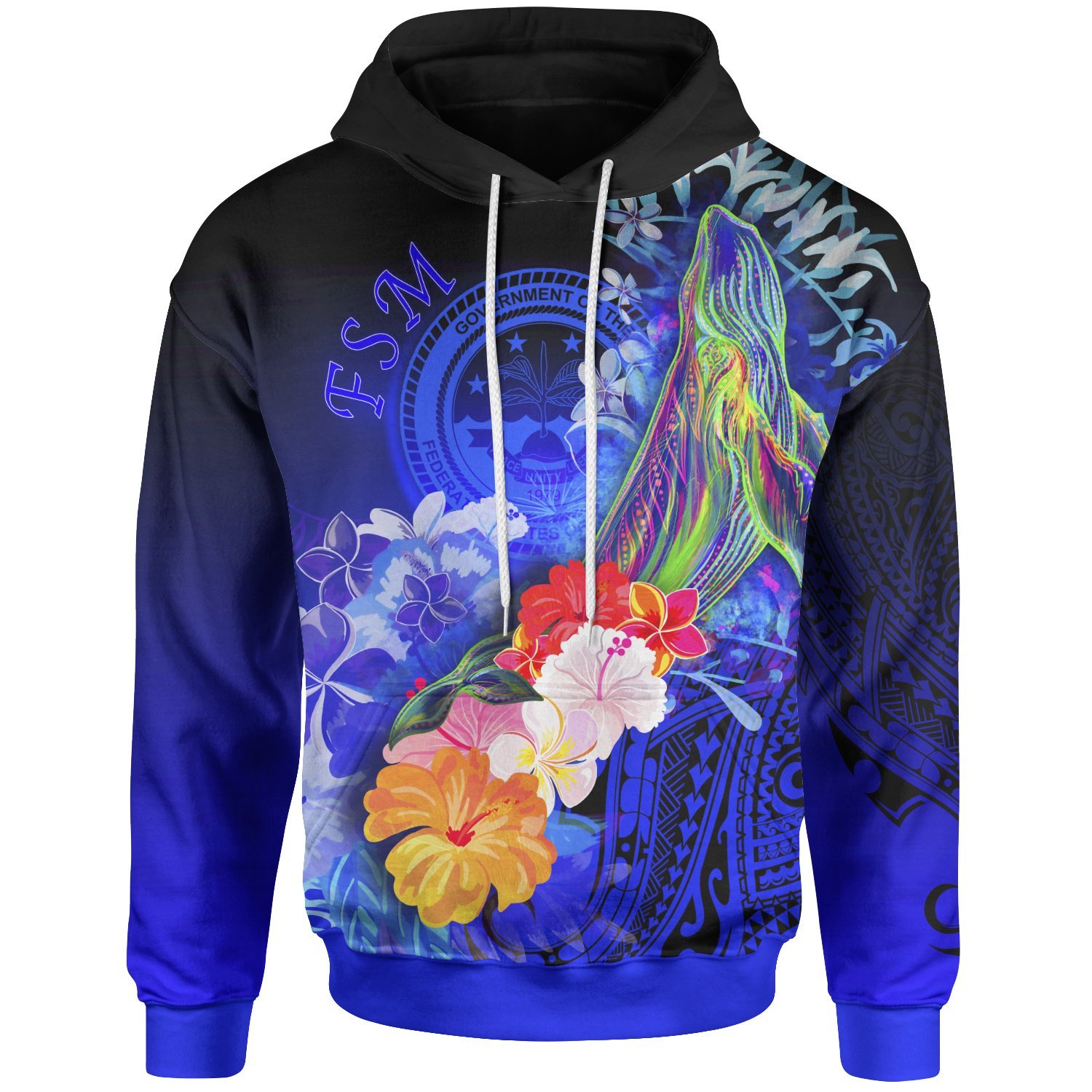 Fsm Hoodie – Humpback Whale with Tropical Flowers (Blue)- Pacific Print Hoodie