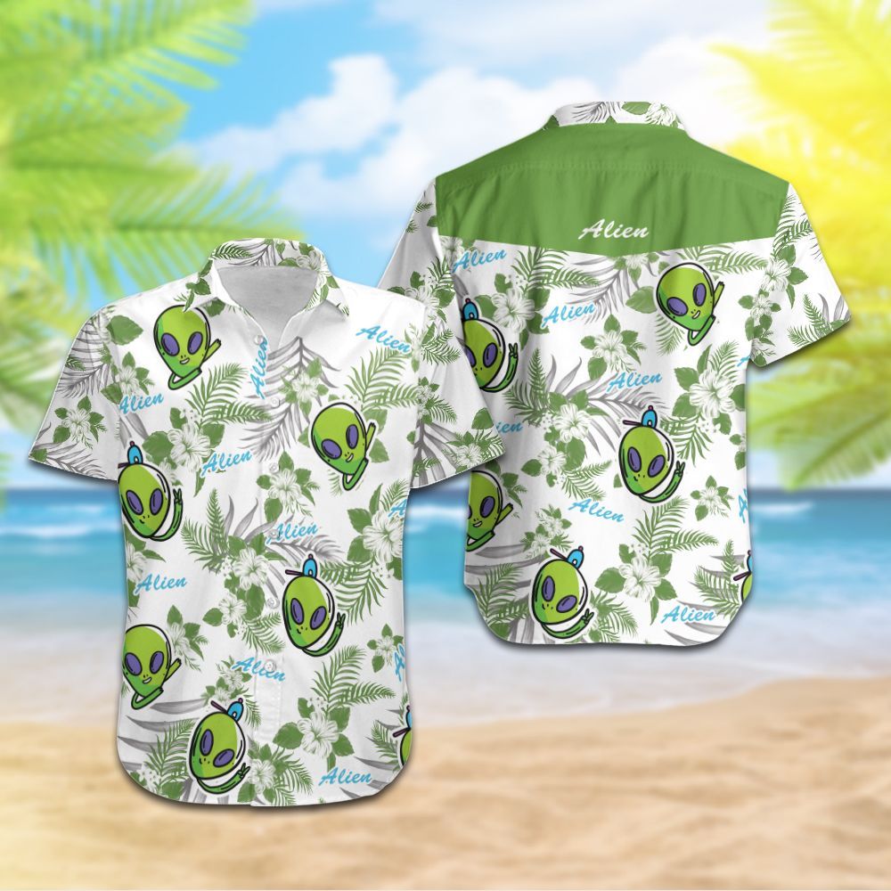 Unifinz Alien Hawaii Shirt Green Floral Tropical White Ufo Aloha 2022 Ha96884