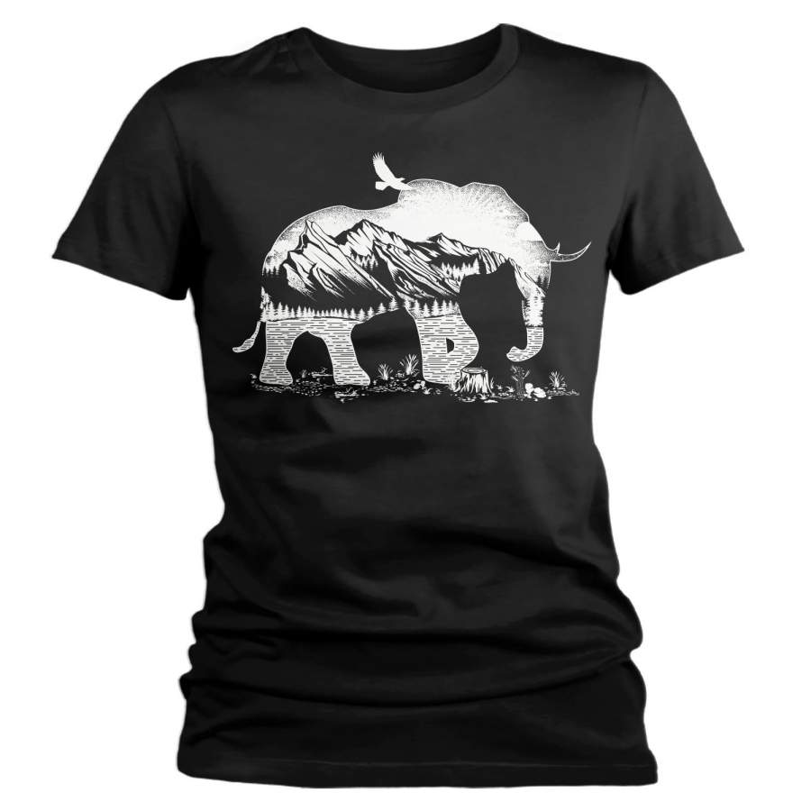 Women’s Hipster T Shirt Elephant Shirts Camping TShirt Double Exposure Mountains Nature Shirts