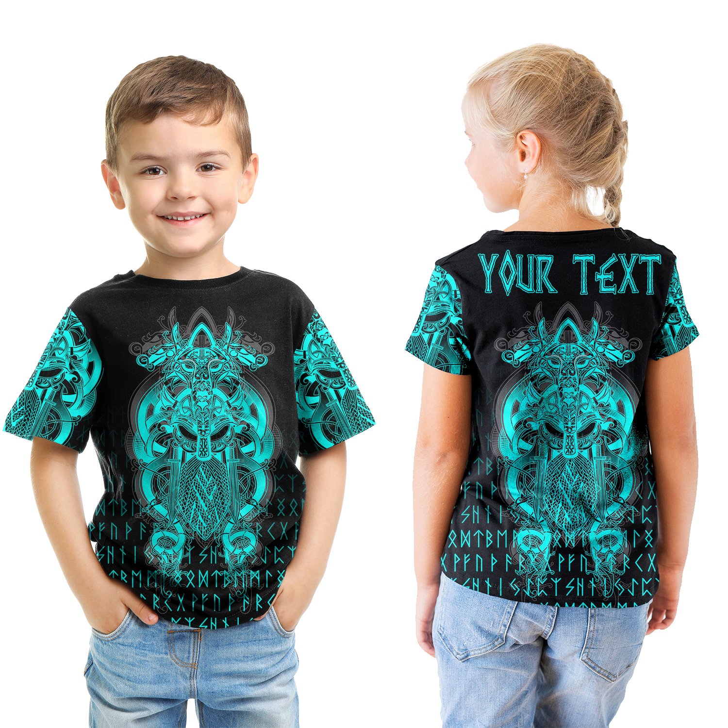 (Custom ) Viking Style Tyr Tattoo Cyan T-shirt Kid A27 