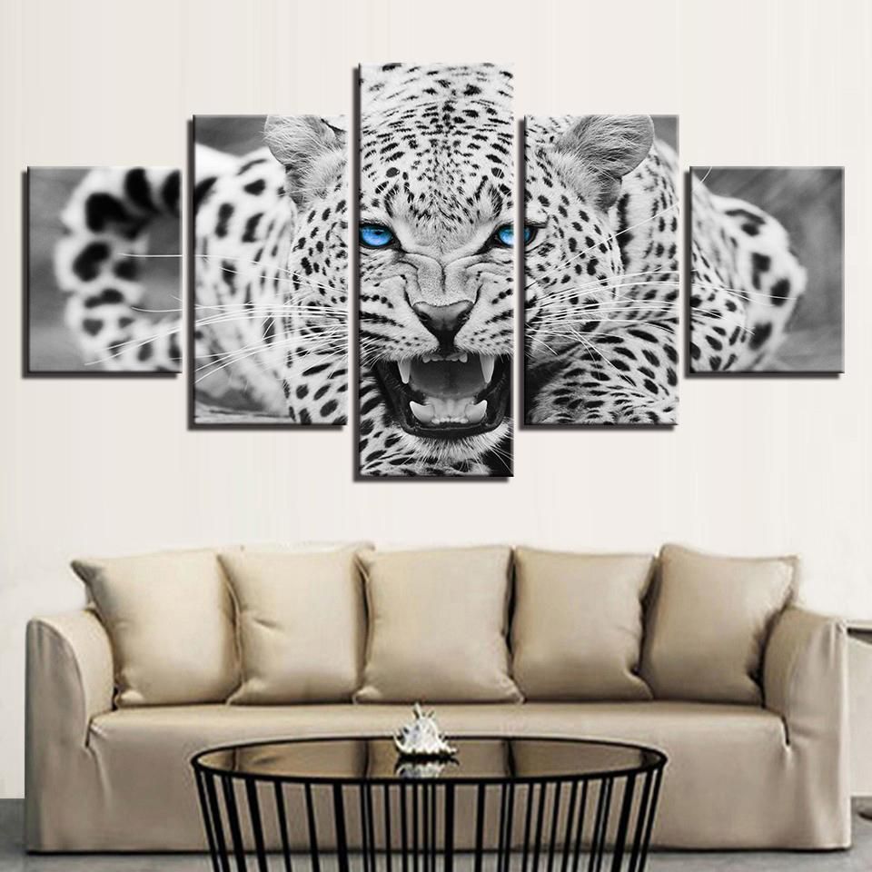 Blue Eyes Leopard Tiger Black And White Animal 5 Panel Canvas Art Wall Decor