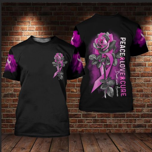 Peace Love Cure Breast Cancer Awareness Rose And Pink Ribbon Breast Cancer 3D Clothes