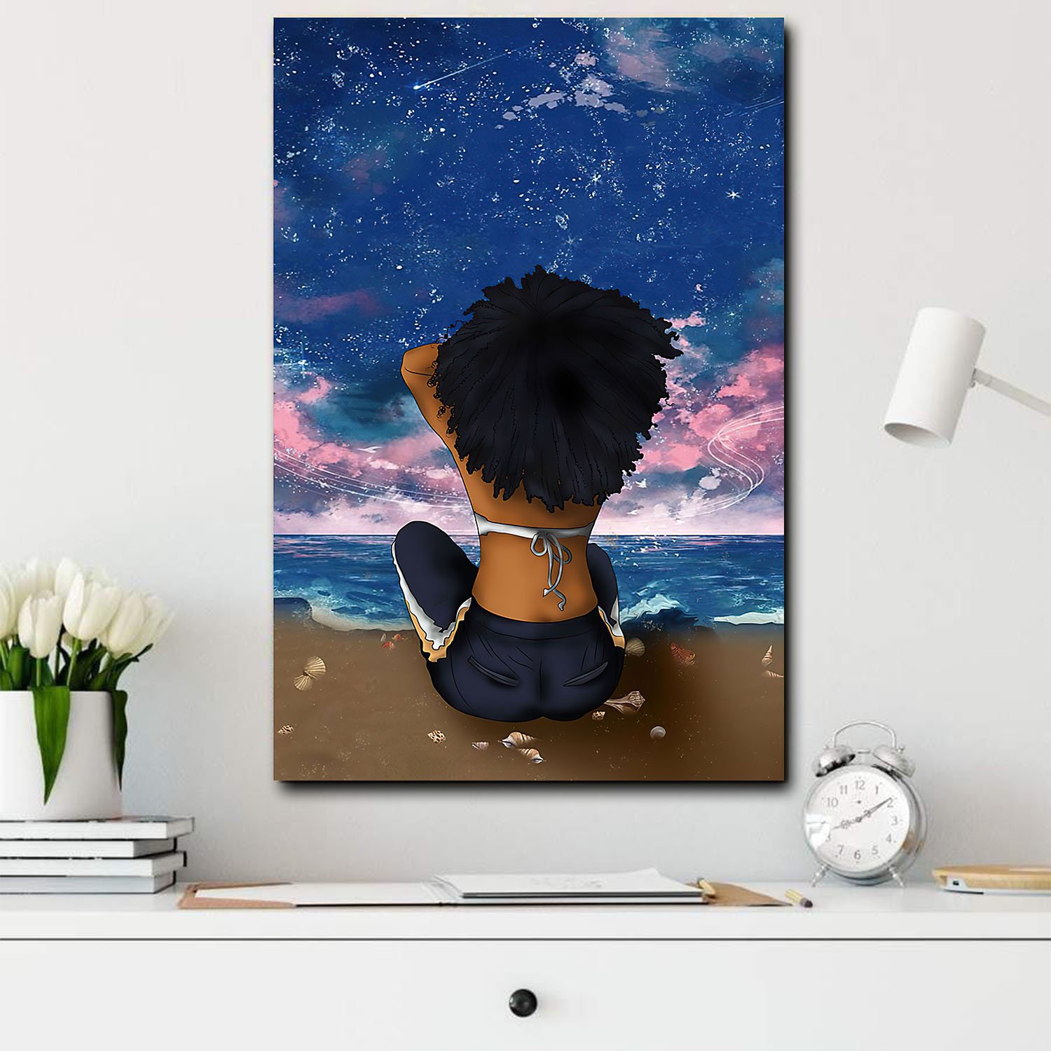 Afro Art Print Canvas Melanin Naturally Hair Girl With Dark Sky In The Beach African Inspired Home Decor