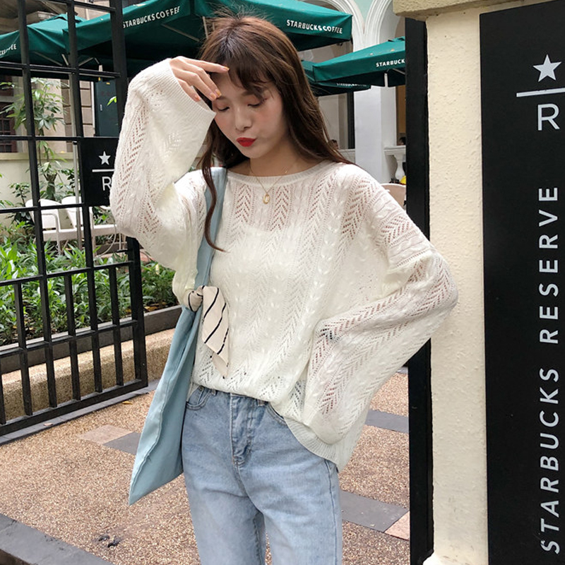 2021 Women Spring Sweater O-neck Hollow Out Transparent Female Fashion Pollover Korean Style Ladies Jumper Thin Sexy Sweater alx