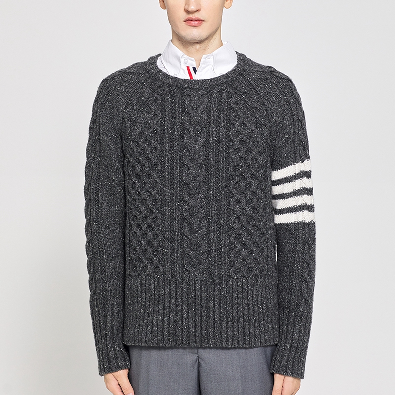 TB THOM Cable- Knit Sweater Men’s Slim Casual Striped 4-Bar Luxury Brand Sweatshirts Autunm Winter Long Sleeves Thick Pullovers alx