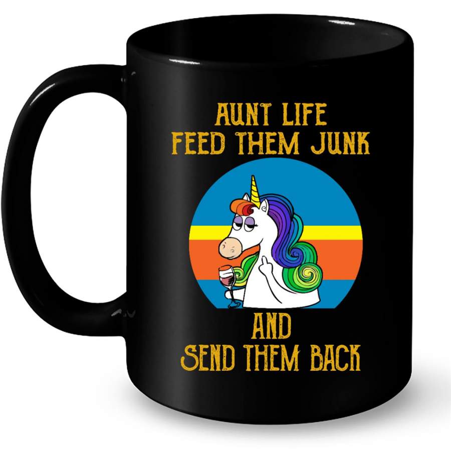 Aunt Life Feed Them Junk And Send Them Back, Funny Unicorn Sunset VIntage – Full-Wrap Coffee Black Mug