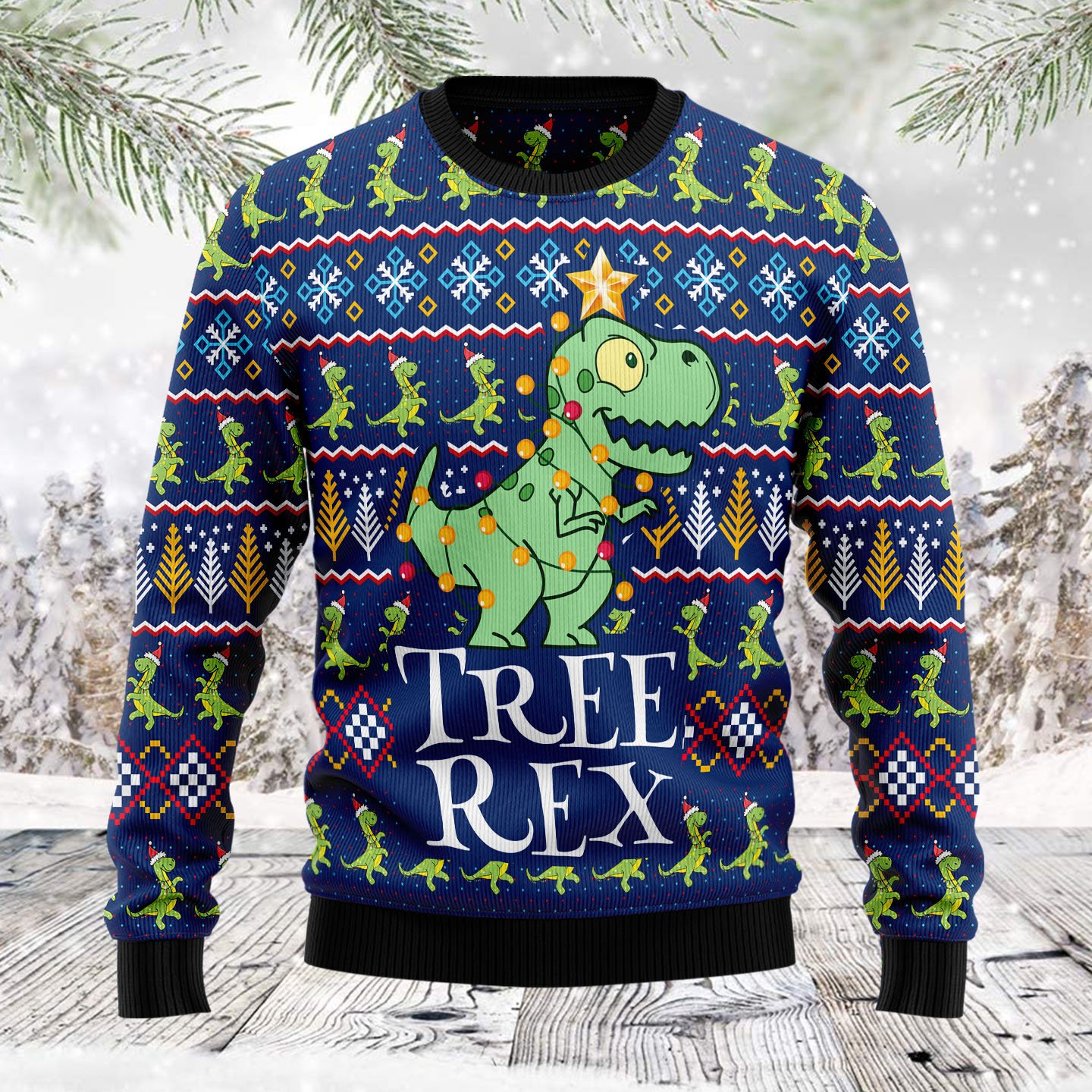 Tree rex TG5128 – Ugly Christmas Sweater unisex womens & mens, couples matching, friends, t-rex lover, funny family sweater gifts (plus size available)