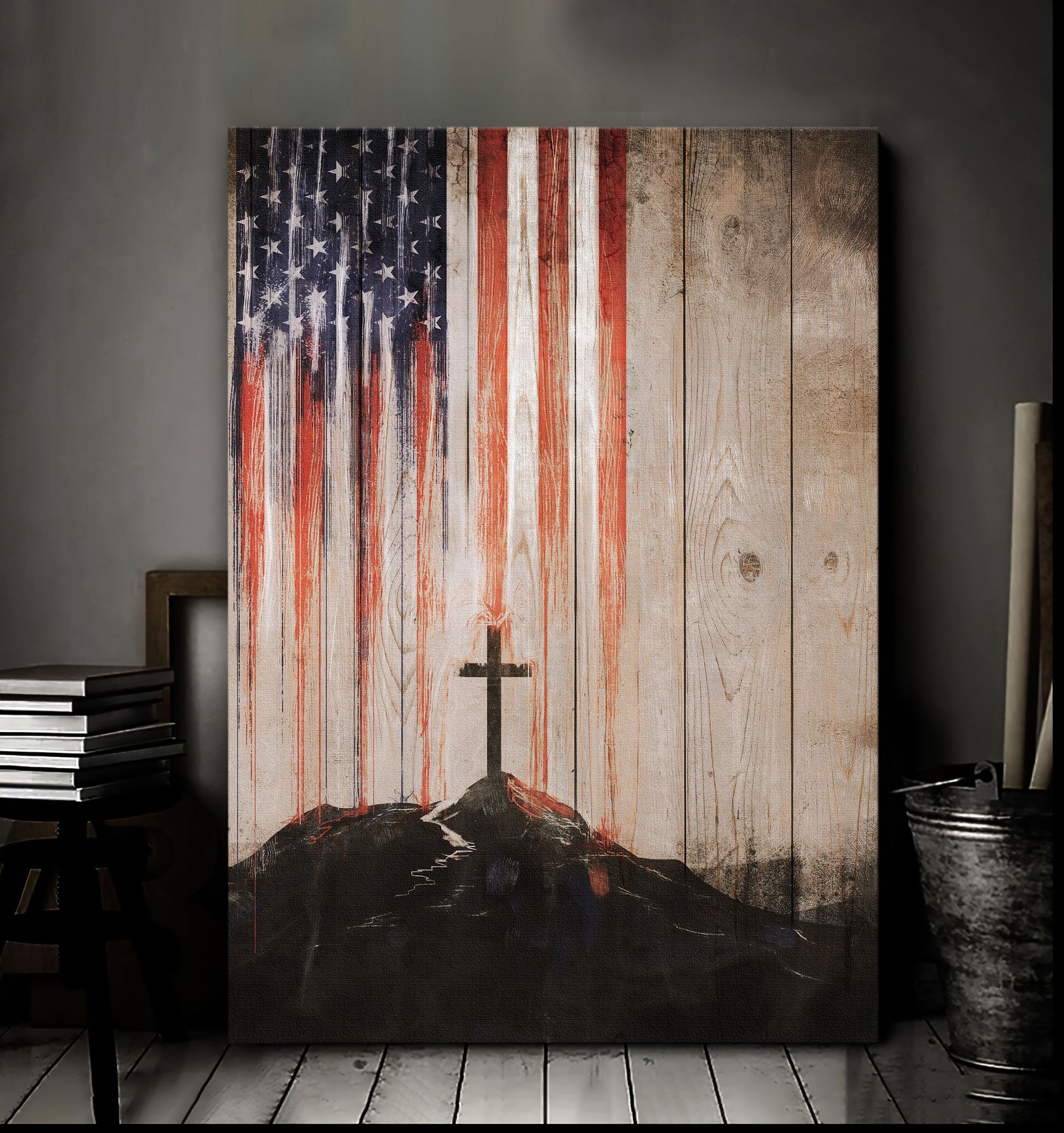 Amazing Cross And Us Flag Canvas Wall Art Home Decor