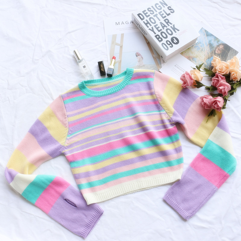 Artsu Cute Sweet Autumn O-neck Long Sleeve Straped Sweaters Casual Looesd Rainbow Knitted Pollovers Streetwear Chic New SW41625 alx