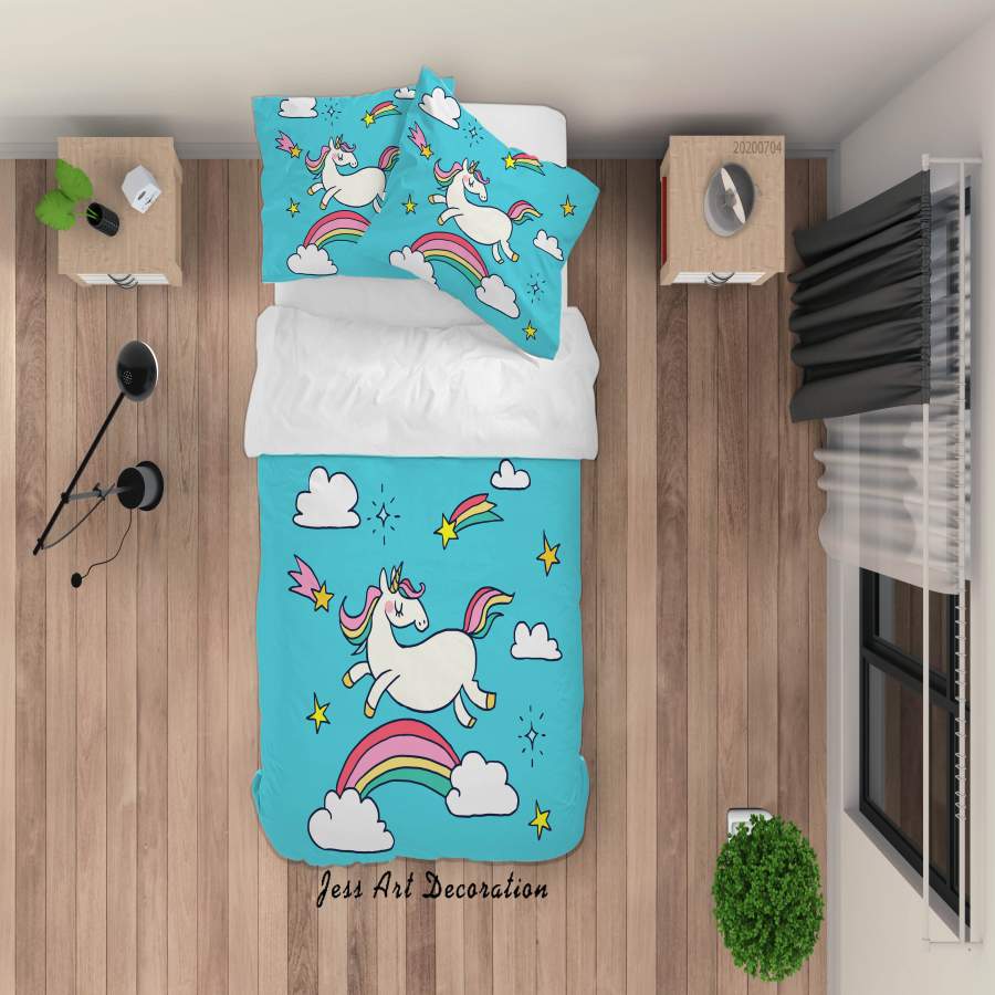 3D Blue Unicorn Rainbow Stars Quilt Cover Set Bedding Set Duvet Cover Pillowcases SF09