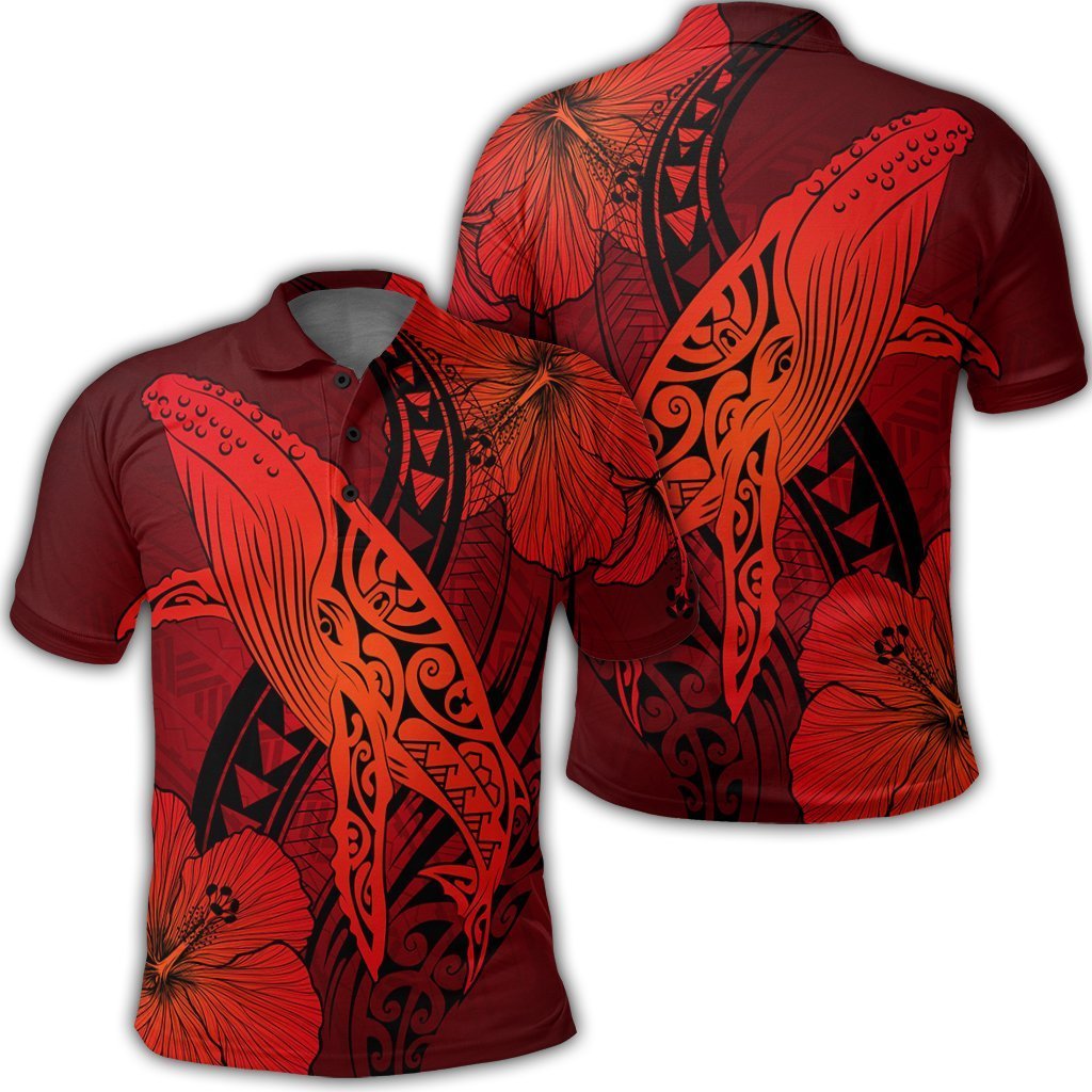 Hawaiian Map Whale Swim Hibiscus Polynesian Polo Shirt – Red