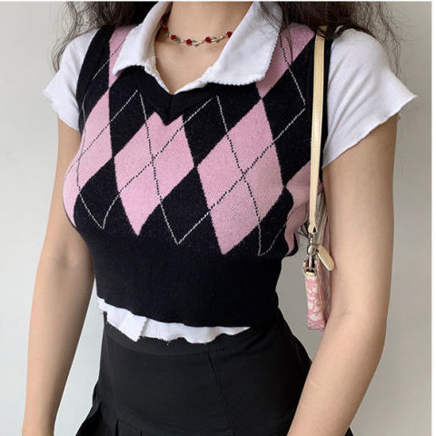 Cropped Sweater Vest Women Argyle Preppy 3 Color Slim Summer V-neck Retro Comfortable Classic Fashion Ladies Teens Leisure New alx