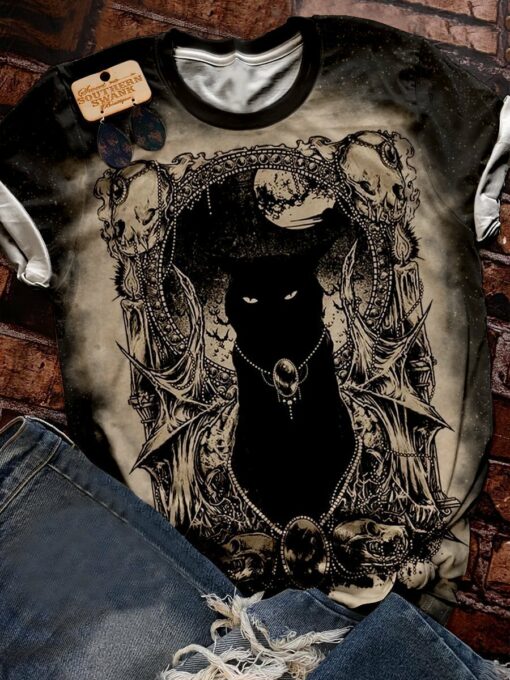 Black Cat Magic Night Halloween 3D All Over Printed T-Shirt For Men And Women, Happy Halloween Day