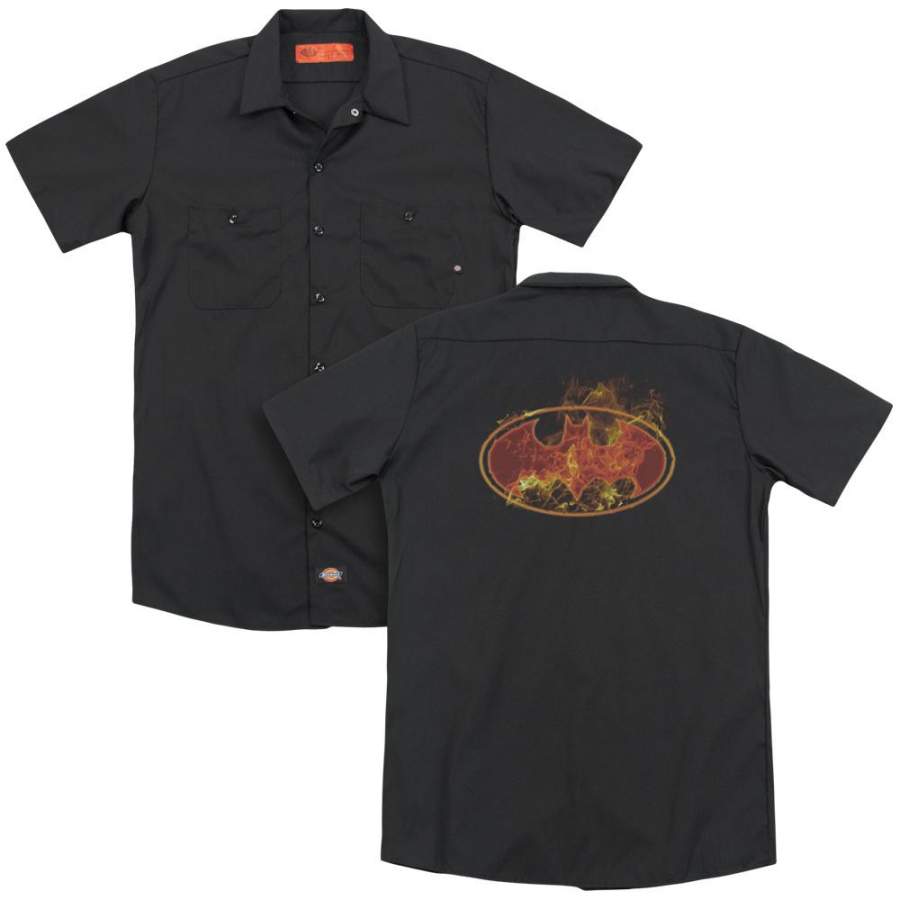 Batman – Flames Logo (Back Print) Adult Work Shirt