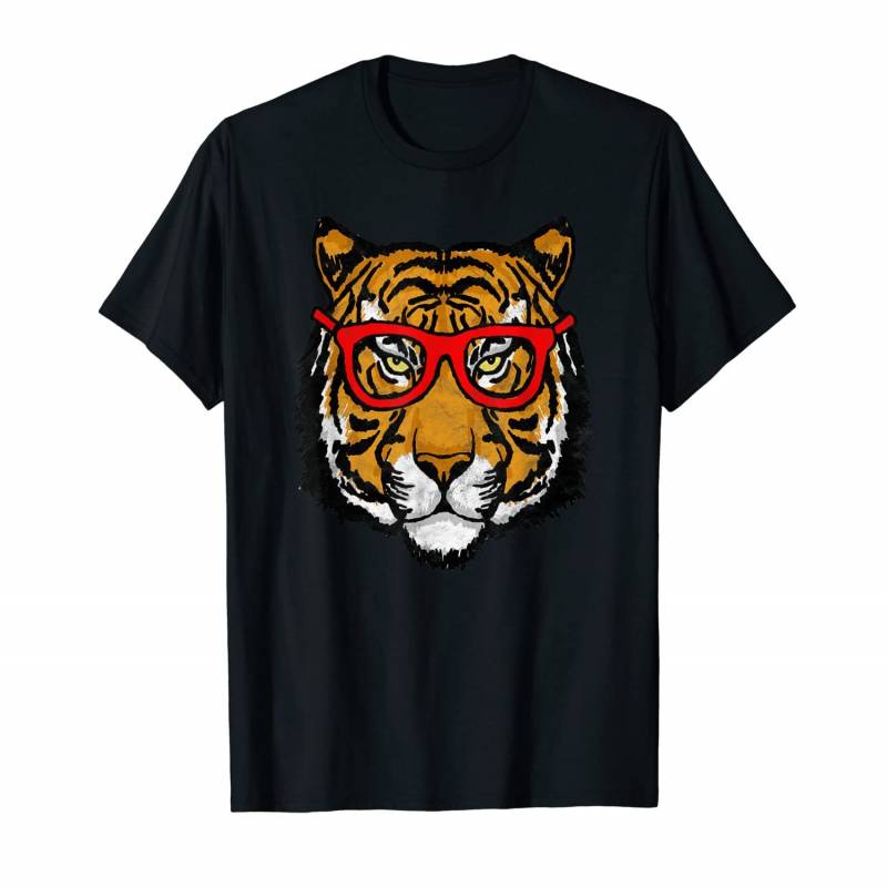 Artistic Tiger Head & Hipster Glasses Funny Graphic  T-shirt