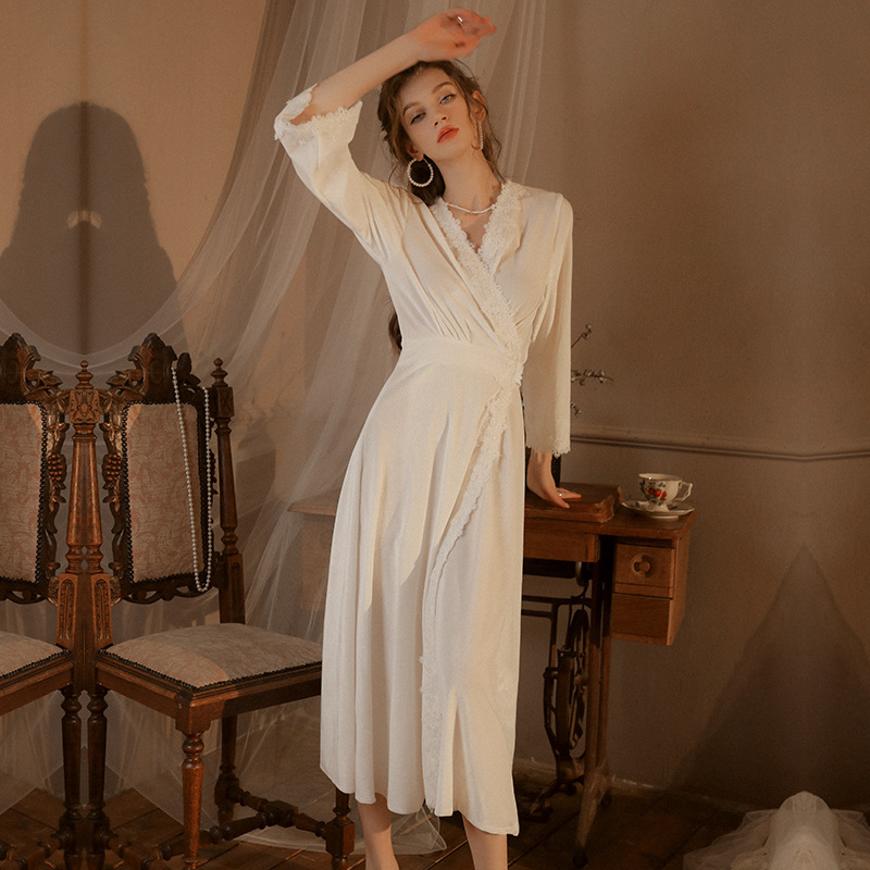 Velour Kimono Robe Long Sleep Dress For Women Sexy Bride Lace Dressing Gown Intimate Lingerie Loose Sleepwear Homewear alx