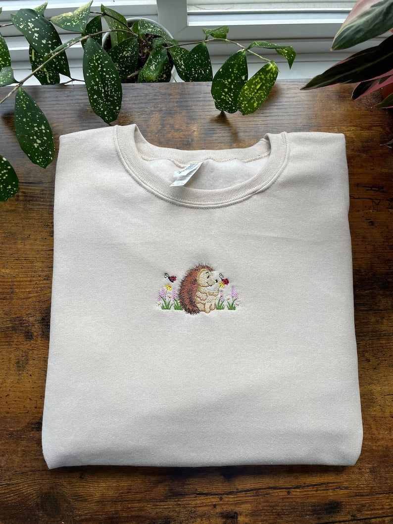 Cute Hedgehog With Flowers And Ladybugs Embroidered Sweatshirt 2D Crewneck Sweatshirt All Over Print Sweatshirt For Women Sweatshirt For Men Sws2901