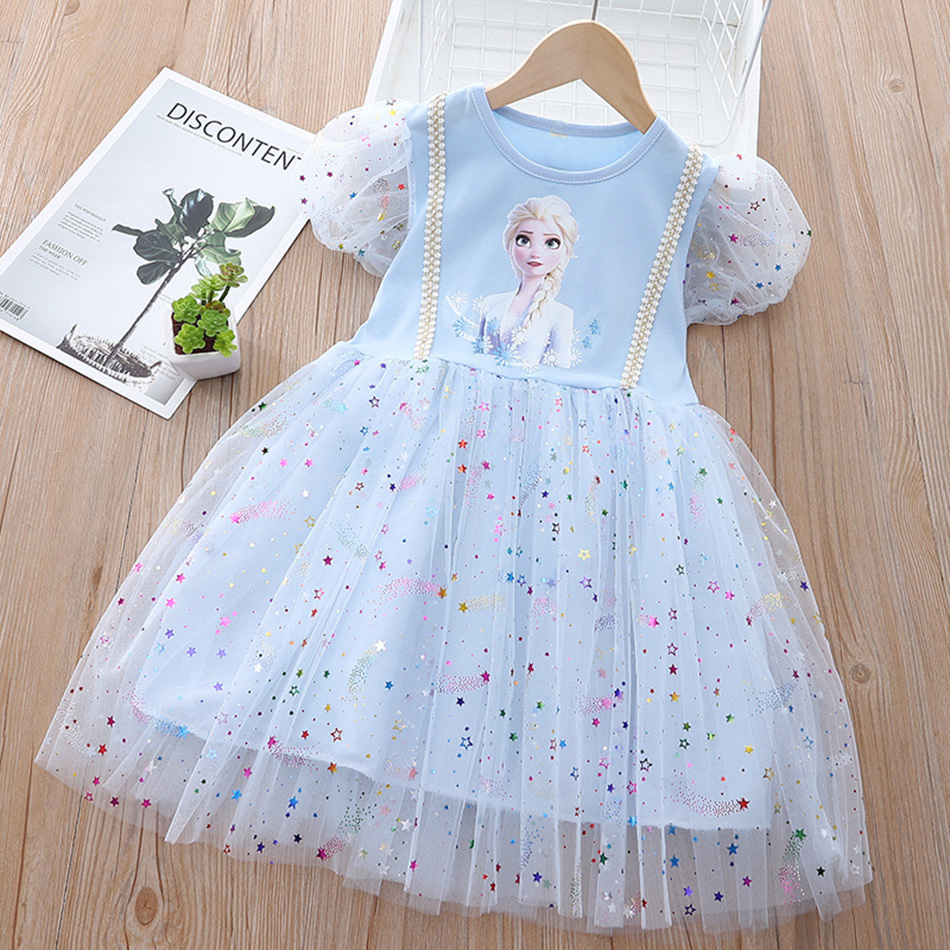 2022 New Frozen Snow Queen Elsa Girls Dress Summer Cute Cartoon Print Princess Star Mesh Dresses Fancy Prom Kids Clothes Vestido alx