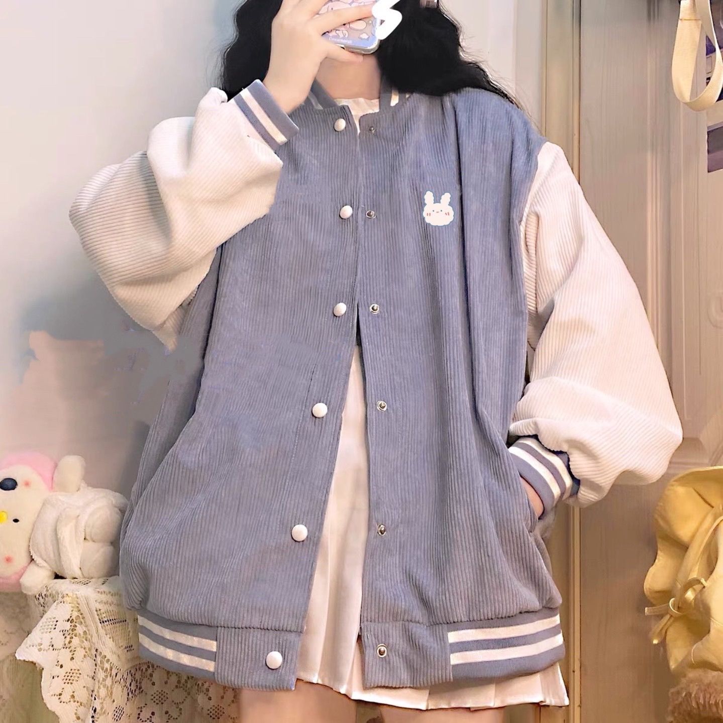 2022 new Korean loose Autumn Japanese color blocking Baseball Jacket Soft girl kawaii female student Cardigan Sweater Jacket alx