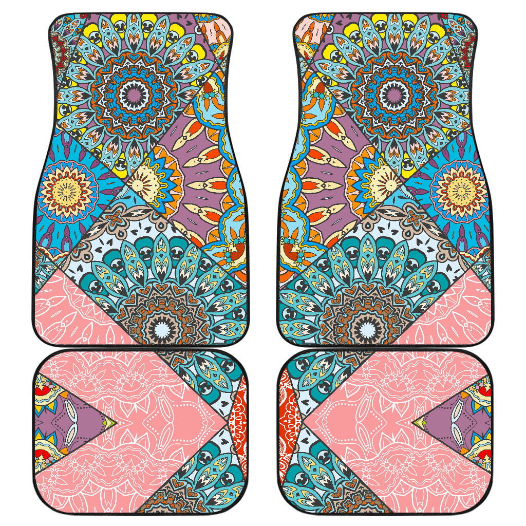 Patchwork Mandala Bohemian Pattern Print Front And Back Car Floor Mats, Front Car Mat