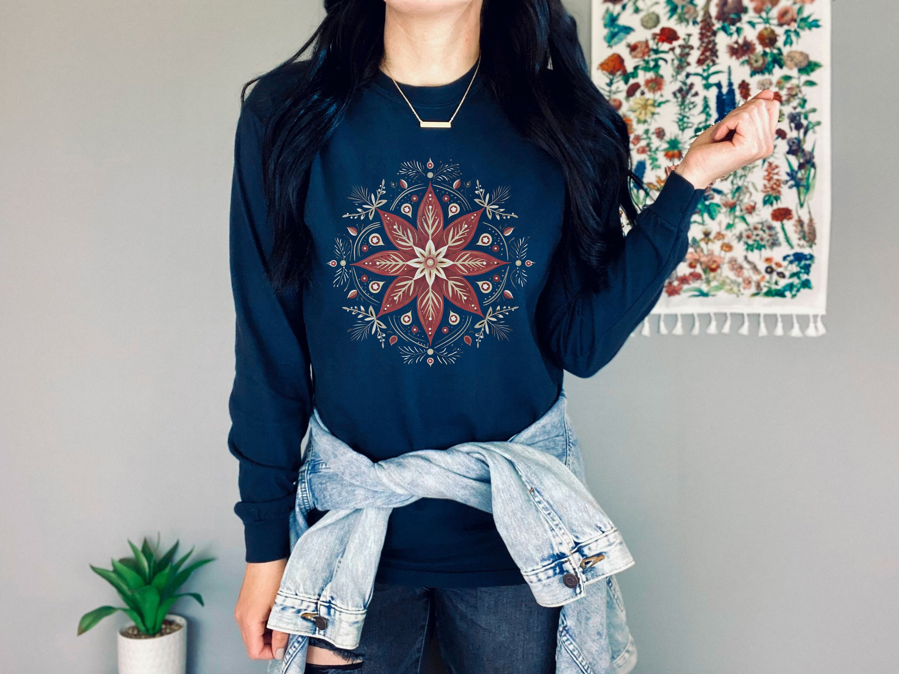 Retro Scandi Star Snowflake Long Sleeve Tshirt Scandinavian Folk Art Winter Sleeved cotton shirt Christma s Eve Vintage Holiday Season Top