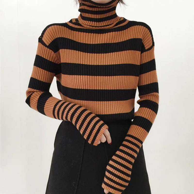 Women’s Black and White Striped Sweater Slim Turtleneck Pullover Knitted Top Pullover Bottoming Shirt Trendy Turtleneck Sweater alx