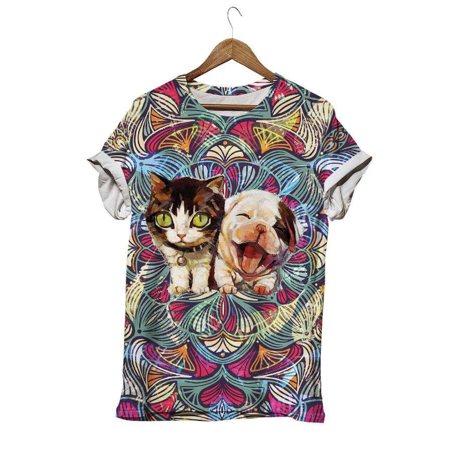 Kittens And Puppies Ethnic Motif Cat T-shirt