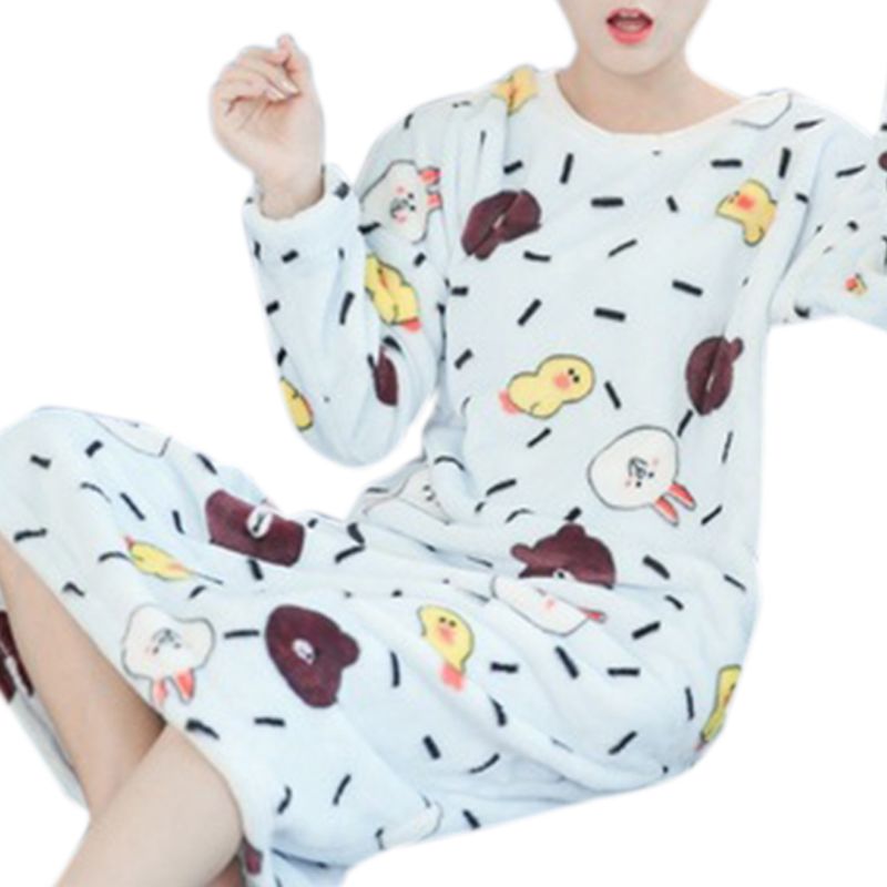 Womens Winter Thicken Flannel Long Sleeve Nightgown Cute Cartoon Animal Bear Printed Sleepwear Sweet Student Loose Knee Length alx