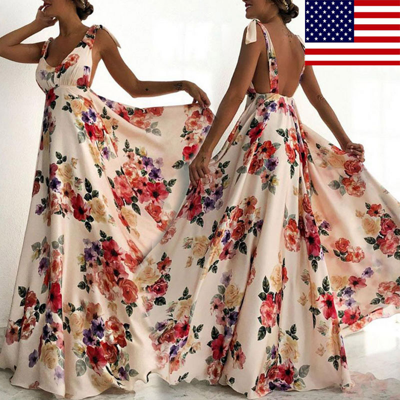 Women Dress New Fashion Floral Print Wedding Long Maxi Evening Party Sleeveless Backless Maxi Size S-XL Elegant Ladies Clothing alx