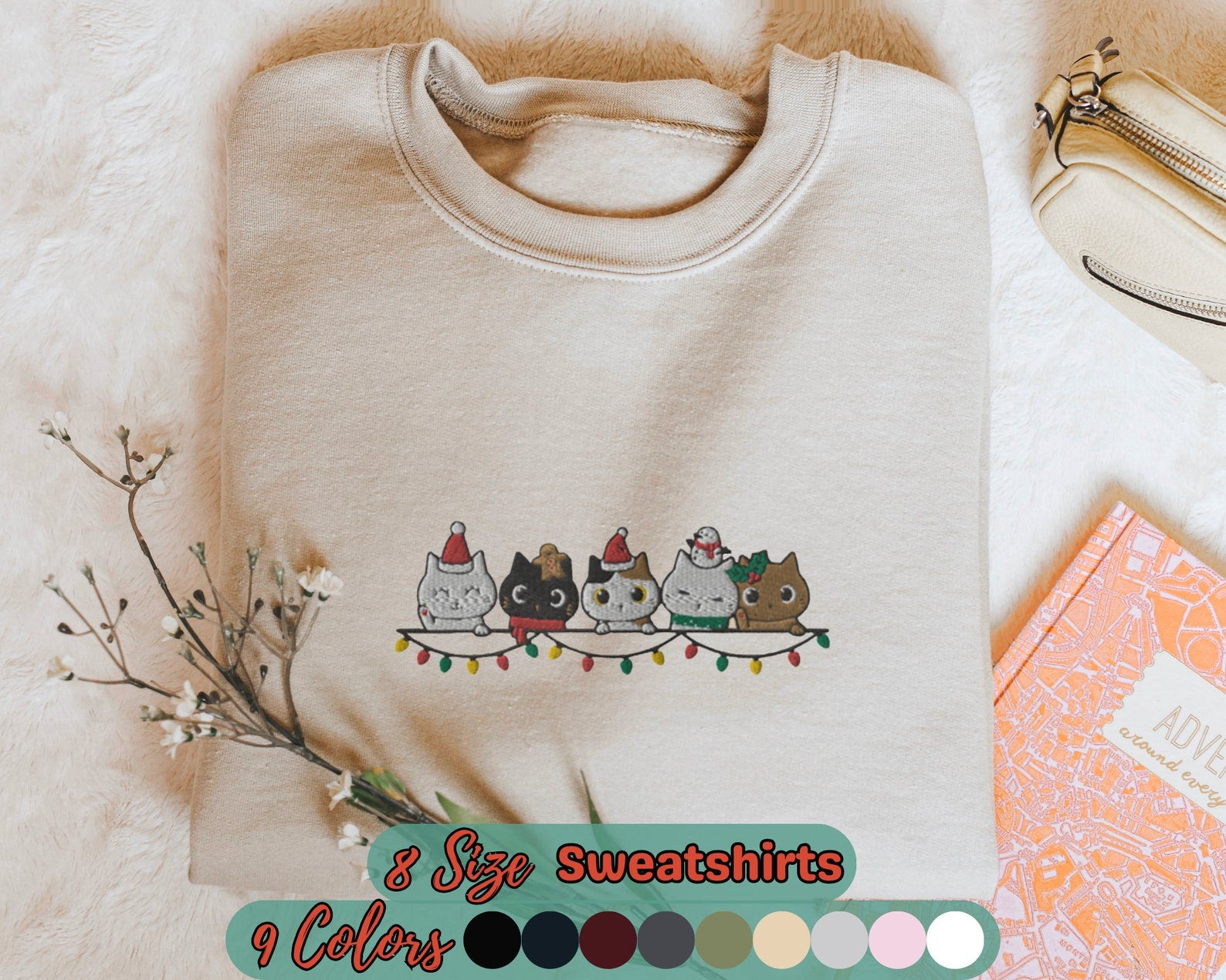 Christmas Cat Embroidered Sweatshirt 2D Crewneck Sweatshirt All Over Print Sweatshirt For Women Sweatshirt For Men Sws5318