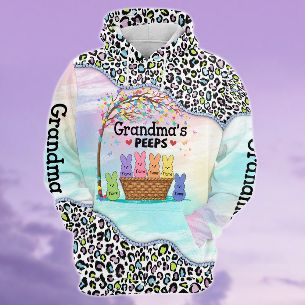 Grandma’S Peeps Cute Basket Colorful Leopard Pattern Personalized All Over Print, 3D Hoodie, Tank Top And Legging Set For Grandma Do99 Hn98