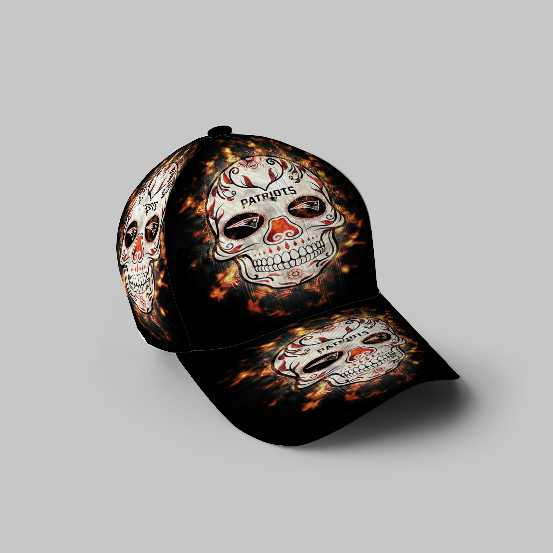 New England Patriots Skull Flowers Fire 3D Printing Baseball Cap Classic Hat