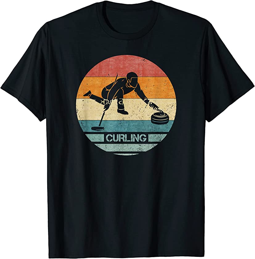 Vintage Retro Curling Player Curler Silhouette Sunset Funny T-Shirt