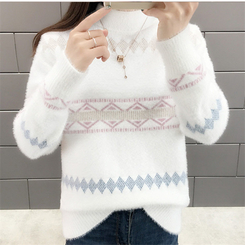 2022 New Autumn Women Fashion Half Turtleneck Sweater Loose Casual Patchwork Faux Mink Fur Cashmere Knitting Pullovers W534 alx