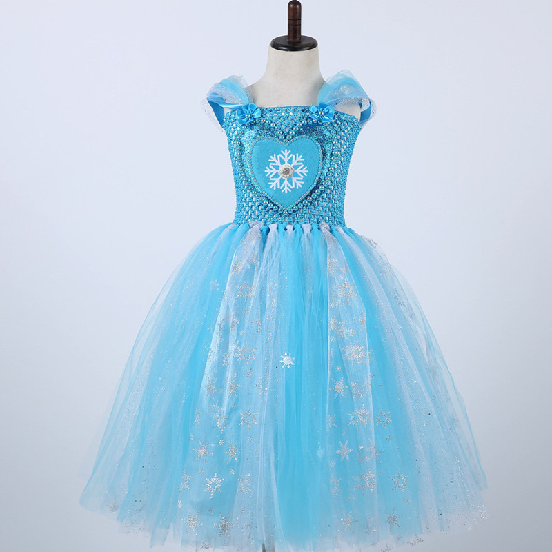 Blue Girls Cosplay Snow Queen Elsa Dress Christmas Halloween Costume for Kids Tulle Sequins Snowflake Birthday Party Tutu Dress alx