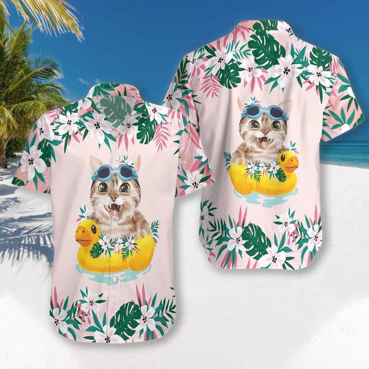 Get Here Cute Cat Beach Time Unisex Hawaii Aloha Shirts H Ha68451