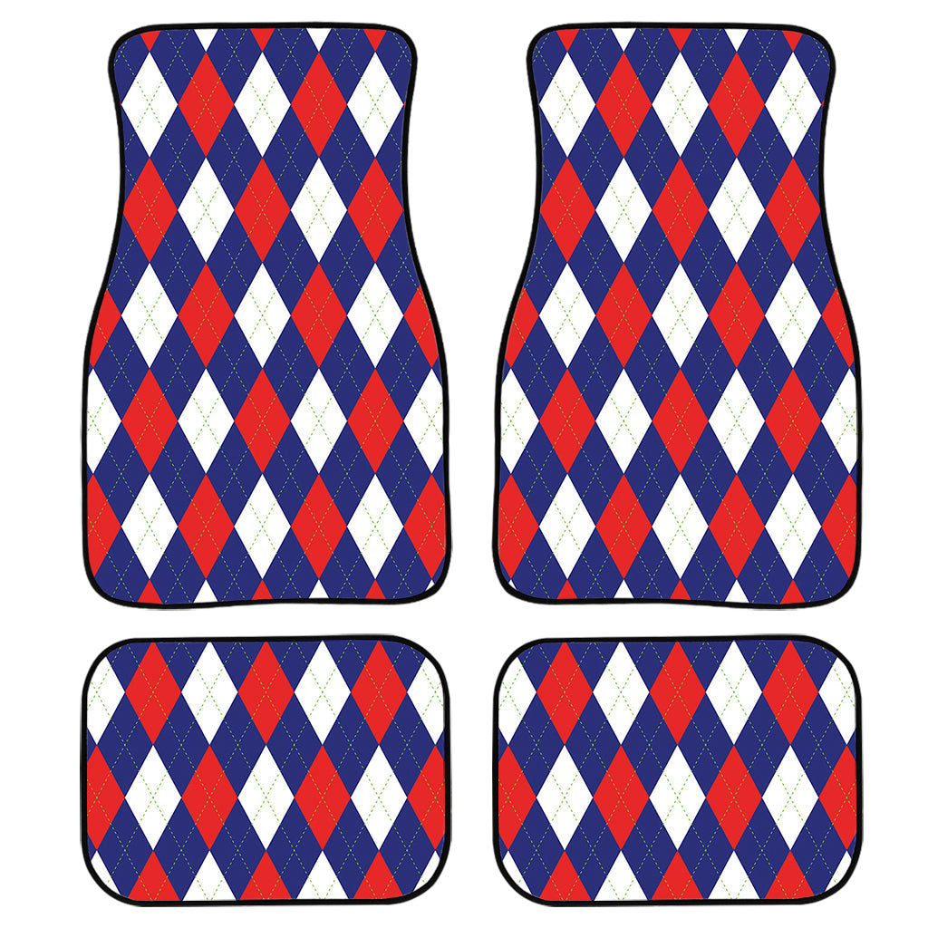 Blue Red And White Argyle Pattern Print Front And Back Car Floor Mats, Front Car Mat