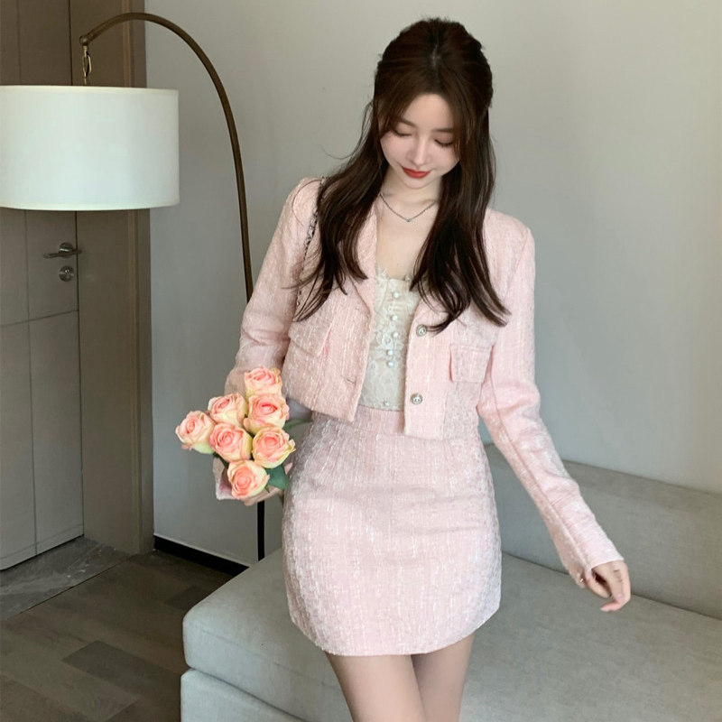 Small Fragrance Tweed Two Piece Set Spring Autumn Women’s Outfits Long Sleeve Coat Crop Top + High Waist Bodycon Skirt Suits alx