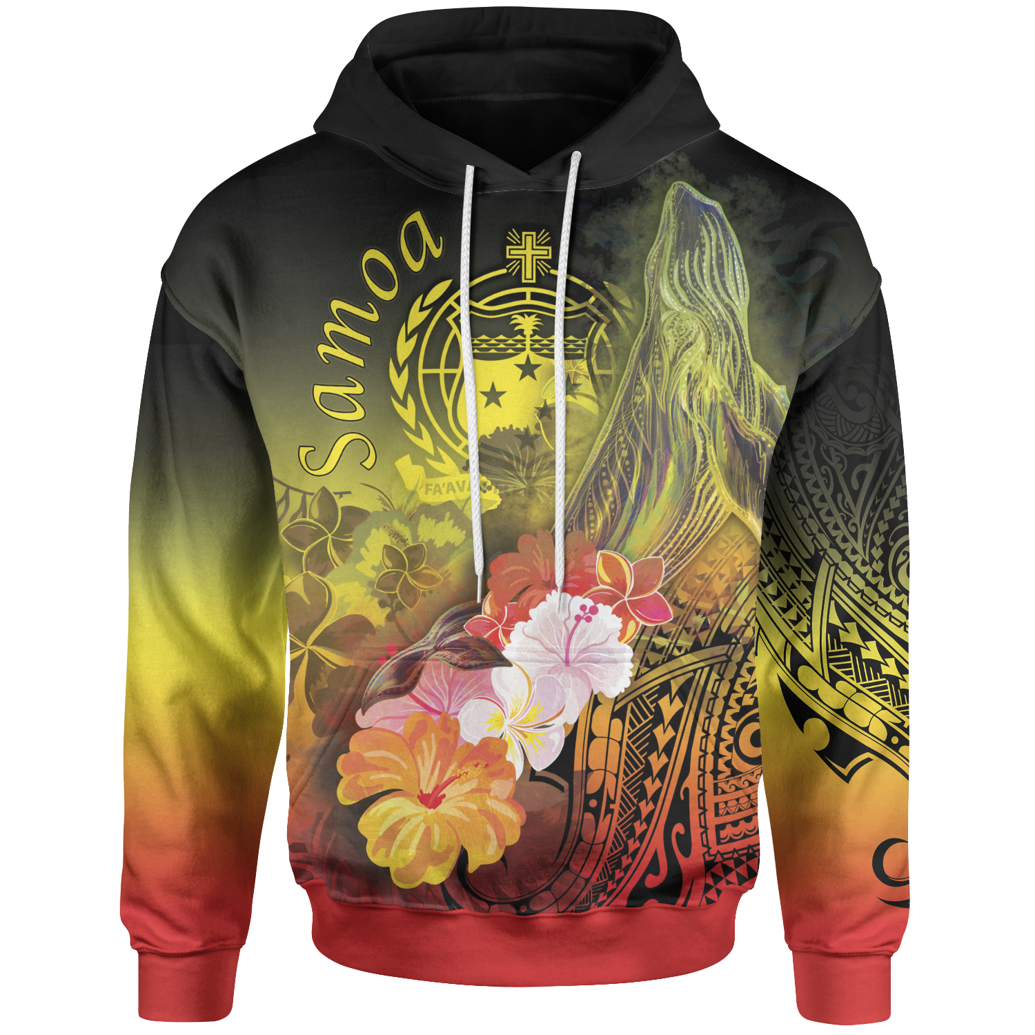 Samoa Hoodie- Humpback Whale with Tropical Flowers (Yellow)- BN18