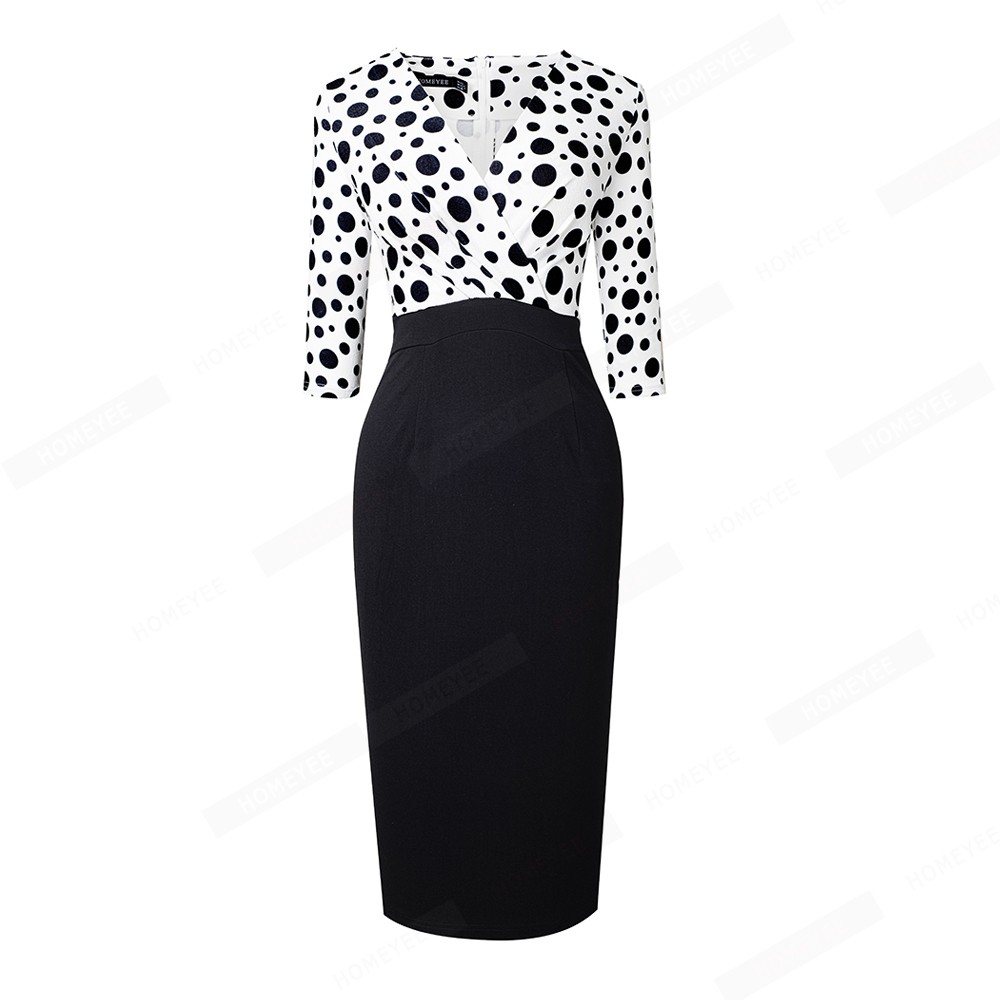 Women Office Lady V Neck 3/4 Sleeve Polka Dots Wear to Work Bodycon Pencil Dress EB727 alx