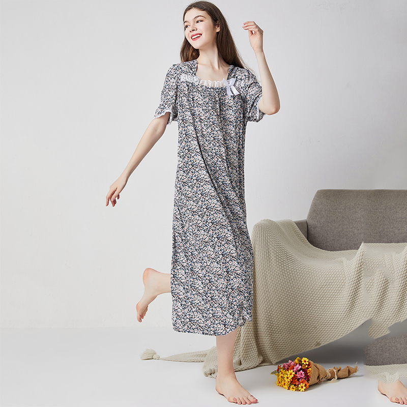 Summer Sleepdress Women Cotton Nightgown Sleepshirts Short Sleeve Homewear Floral Lace Long Dressing Gown Casual Nightdress Lady alx