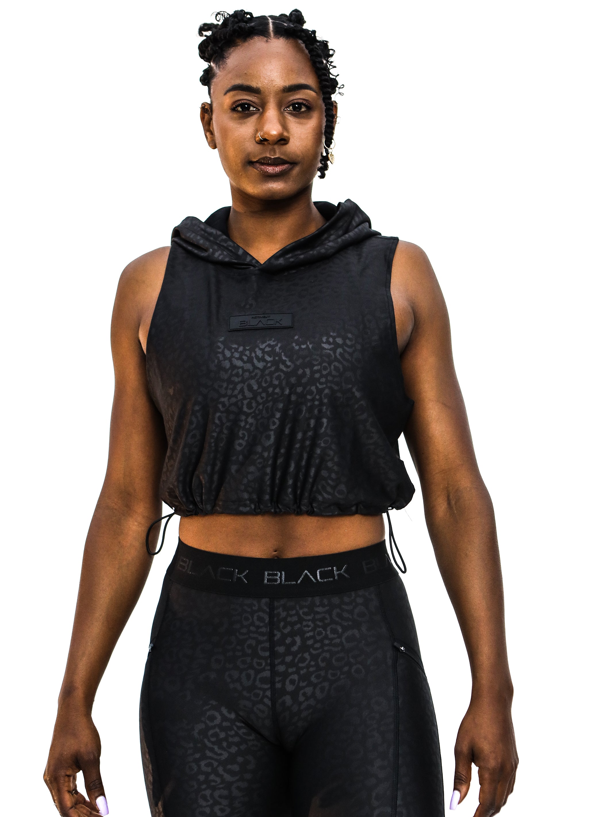 Women’s Black Leopard Sleeveless Crop Hoodie