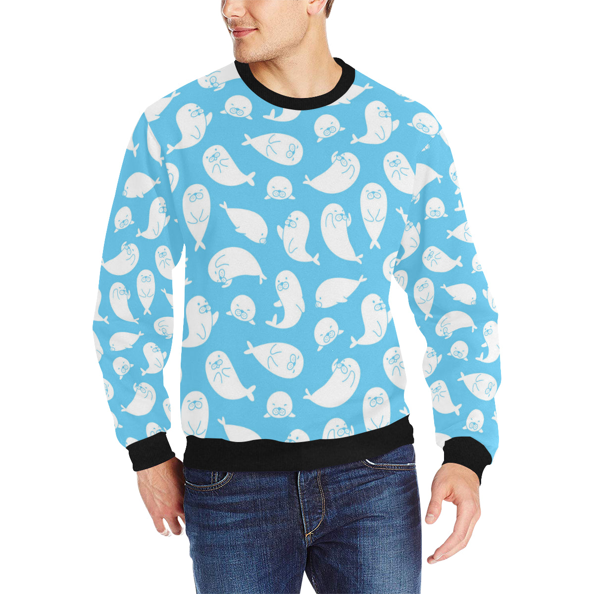 Cute white sea lion seals pattern Men’s Crew Neck Sweatshirt