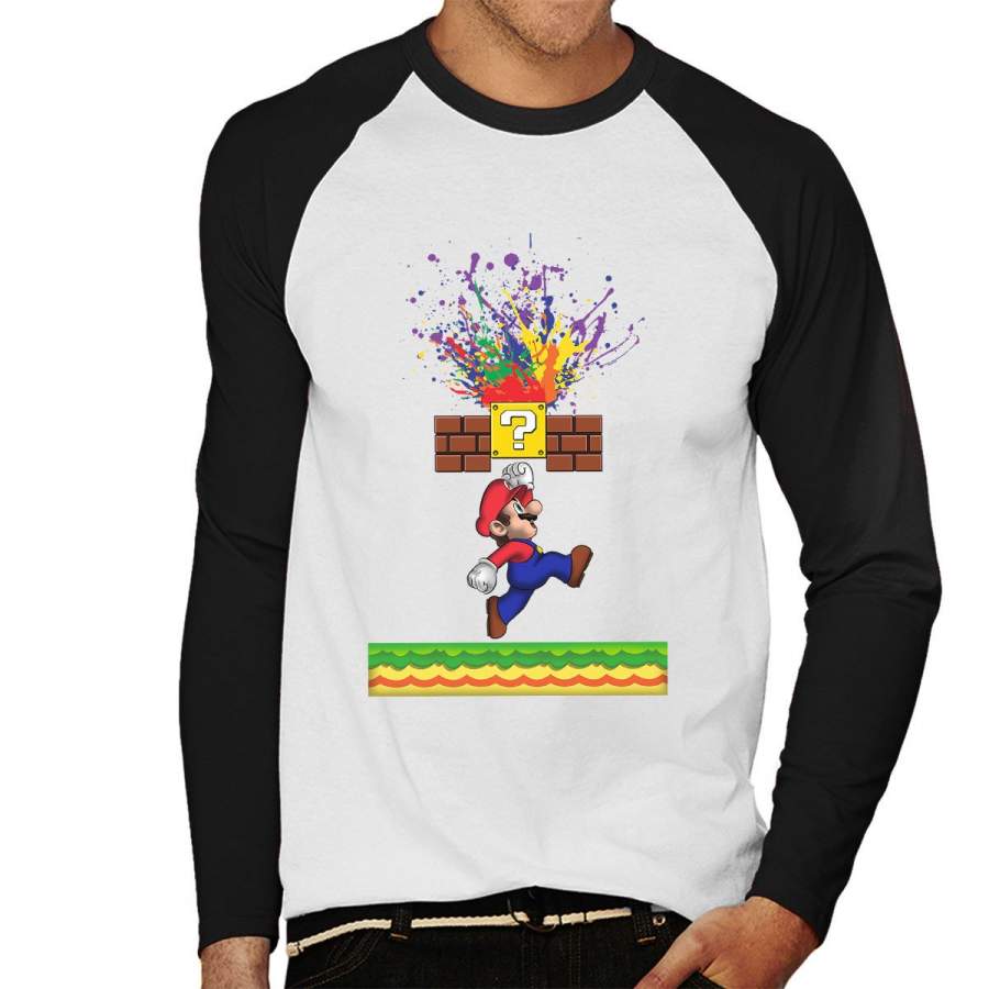 Super Mario Super Paint Splatters Men’s Baseball Long Sleeved T-Shirt