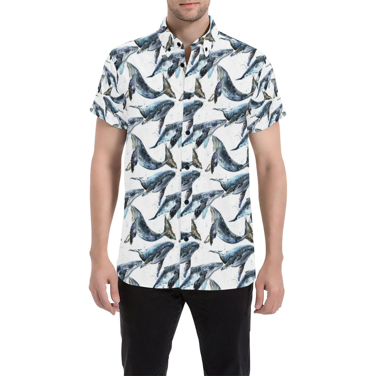 Blue Whale Pattern Print Design 03 Men Button Up Shirt