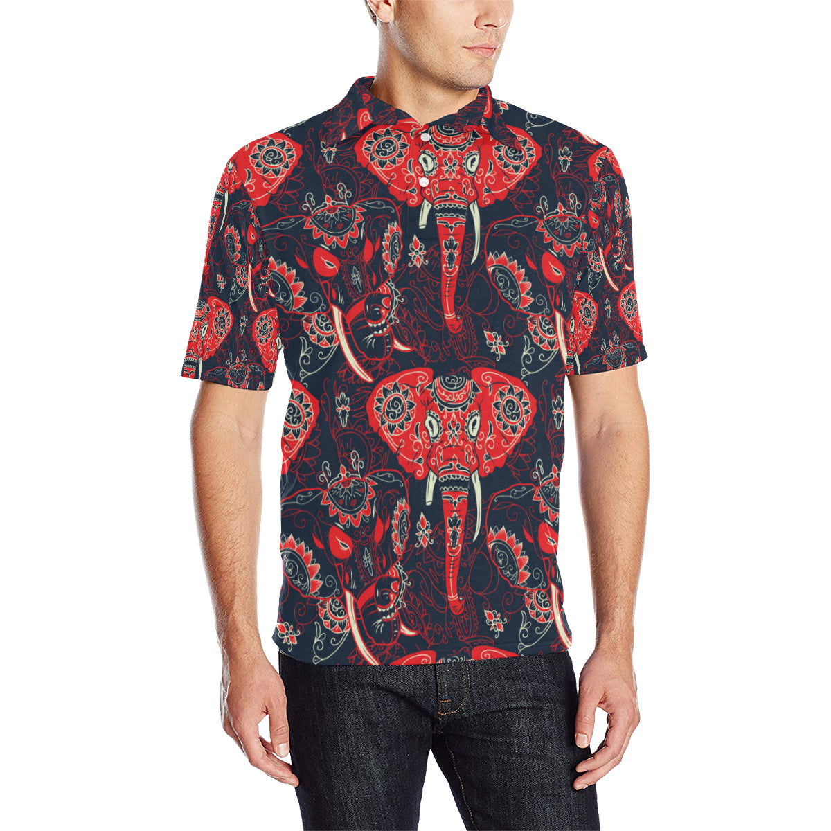 Red Indian Elephant Pattern Men Polo Shirt